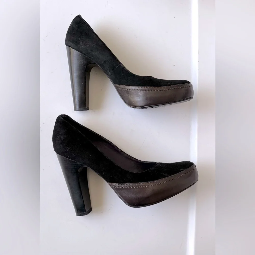 True Religion Suede Leather Platform Pumps Chunky Stiletto Heels Black Size 8.5